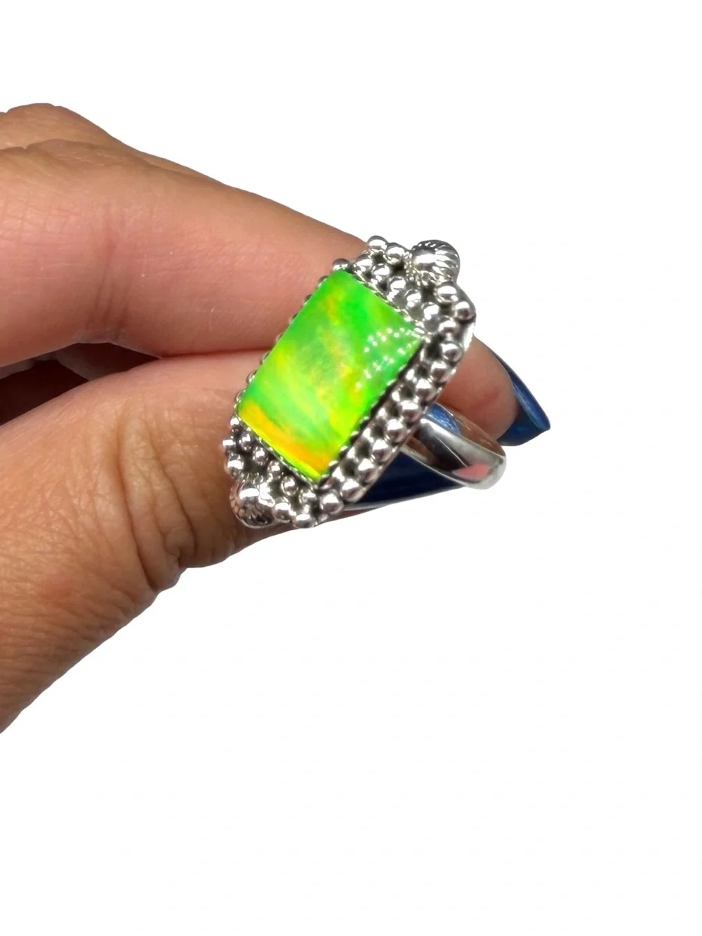 Aurora Fire Opal Ring Size 8 Solid 925 Sterling Silver Aura Lime Green